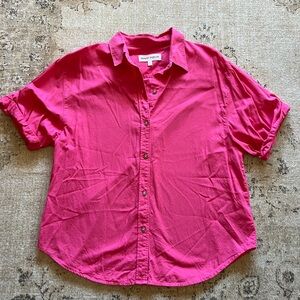 Denim Forum Women's Short Sleeve Button-Up Shirt in Hot Pink